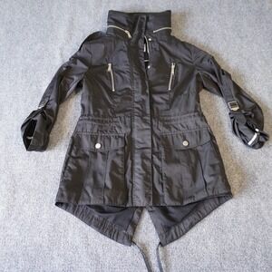 BCBGGeneration Black Hooded Utility Jacket Women Size S Zip Pockets Buckle